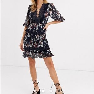 Dark Pink Lace mini dress in navy with floral